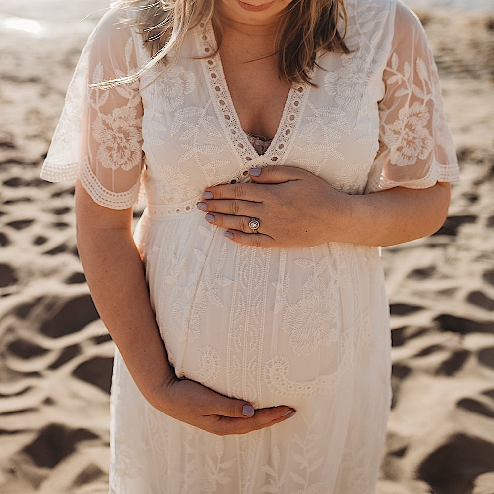PinkBlush White Lace Mesh Overlay Maternity Maxi Dress